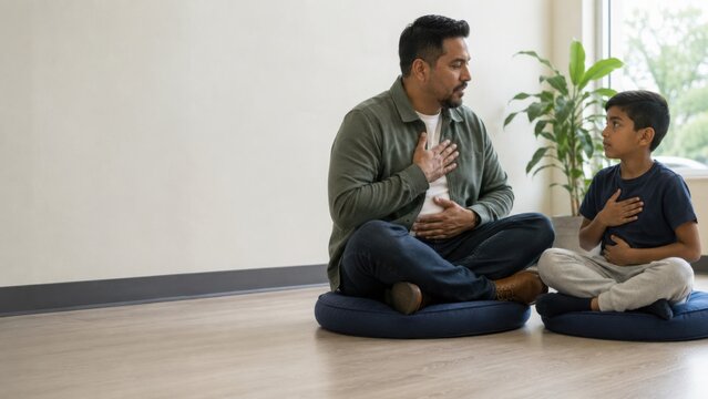 Adult male and child seated on floor cushions practicing mindfulness techniques in a bright indoor space with a plant and large windows visible in the background