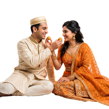Diwali Portrait of Young Couple in Matching Festive Attire with Sweets and Diyas on Transparent Background