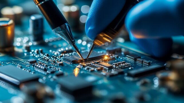 A close-up view of gloved hands using probes on a circuit board with a blurred background.