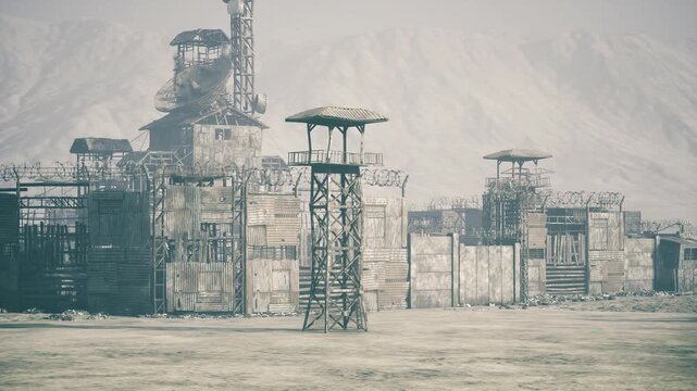 Dawn checkpoint in barren landscape with guard tower and metal gates, soft morning haze over mountain silhouette, calm yet tense atmosphere suggesting border