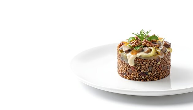 Buckwheat gourmet mushroom timbale premium commercial food photography
