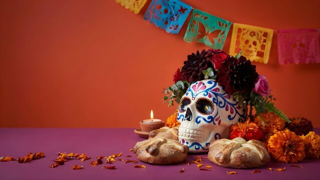 Altar tradicional del D&iacute;a de los Muertos con calavera decorada, pan de muerto, flores de cempas&uacute;chil y papel picado con espacio para texto