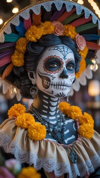 Elegante mujer caracterizada como La Catrina con sombrero de ala ancha decorado, flores de cempas&uacute;chil y maquillaje de calavera para el D&iacute;a de los Muertos