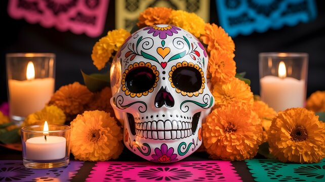 Cr&aacute;neo de az&uacute;car decorado con flores de cempas&uacute;chil, velas y papel picado para el D&iacute;a de los Muertos en altar tradicional mexicano