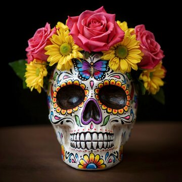Cr&aacute;neo de az&uacute;car decorado con mariposa, rosas rosas y flores amarillas para el D&iacute;a de los Muertos sobre fondo oscuro