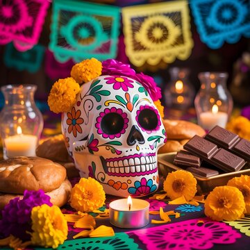 Altar del D&iacute;a de los Muertos con calavera de az&uacute;car decorada, chocolate, pan de muerto, flores de cempas&uacute;chil y papel picado