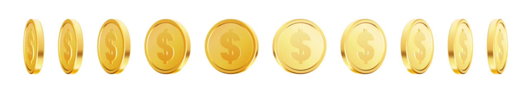 Set of rotating gold coins with dollar symbol isolated on transparent background. Ideal for casino, jackpot, game currency, rewards, bonuses, gambling and UI vector assets.