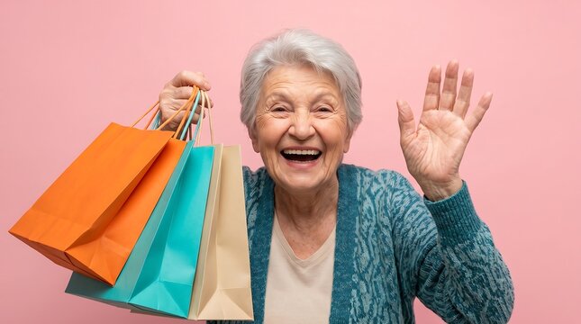 Excited Senior Woman Holding Shopping Bags and Waving on Pink