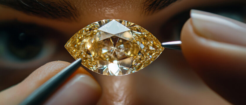 A close up of a person inspecting a large yellow marquise cut diamond with tweezers against a blurred background.