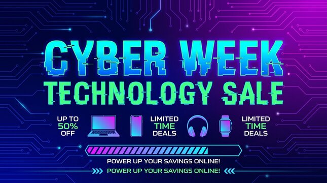 Vibrant cyber week technology discount promotion banner with digital circuit
