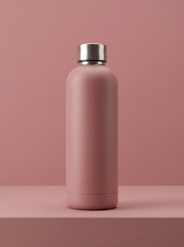 Matte pink reusable water bottle mockup on matching shelf