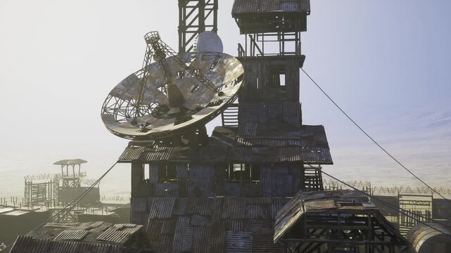 Sunlit satellite dish crowns rusted tower, signaling resilient connectivity across coastal skyline at dawn, warm glare reflecting off parabolic surface, visible