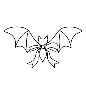 Halloween bat with ribbon bow single line illustration, cute spooky vampire bat vector icon, coquette Halloween gift packaging logo and festive party decor