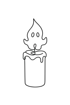 Halloween candle with ghost flame continuous line art, wax candle dripping with spirit light vector, spooky candle packaging label and autumn cozy home decor icon