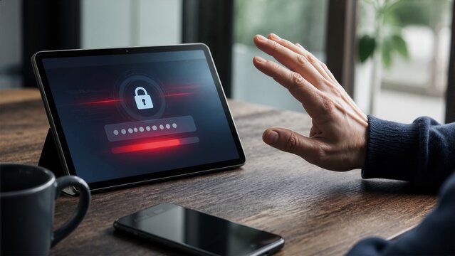 Hand reacting to fake password reset scam on tablet screen. Cyber crime phishing attack and security breach warning