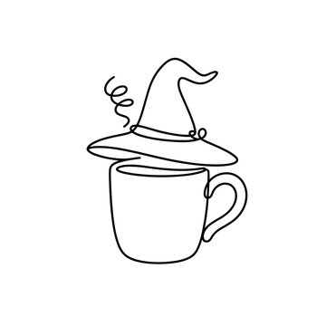 Witch hat coffee mug single line illustration, magic potion hot cocoa cup vector icon, spooky witchy tea logo and autumn coffee break print