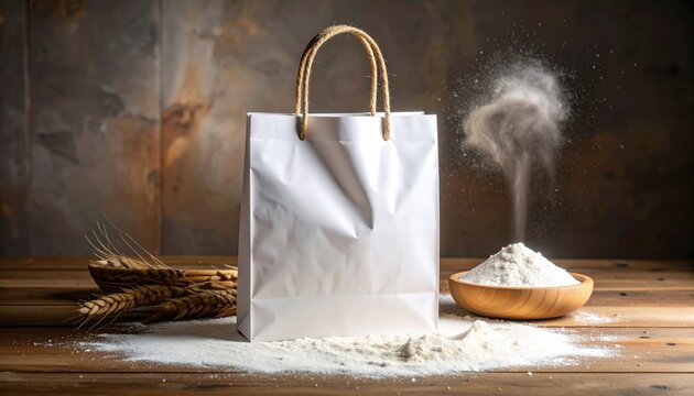 Blank paper shopping bag with flour splash and wheat ears, organic bakery packaging, bread making, baking ingredients, culinary rustic style