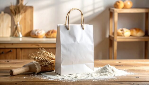 Blank white paper bag on rustic kitchen table with scattered flour and wheat, bakery supply branding mockup