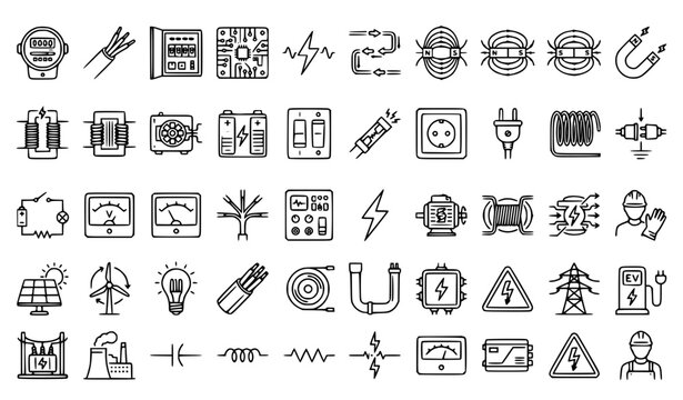 Electromagnetism and Electrical Energy Outline Icon Set with Circuit Cable Meter Magnet and Power Symbols
