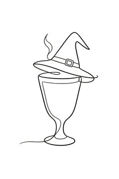 Latte glass in witch hat continuous line art, hot Irish coffee drink with buckle hat vector icon, Halloween bar menu and autumn beverage poster print