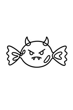 Scary devil candy in wrapper continuous line art, evil Halloween sweet with horns and fangs vector icon, trick-or-treat packaging label and party decor print