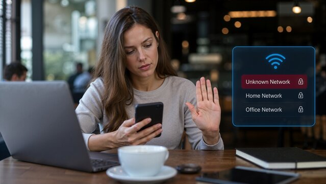 Woman showing stop gesture to public wifi risk at cafe. Concerned user holding smartphone with unknown network security warning overlay