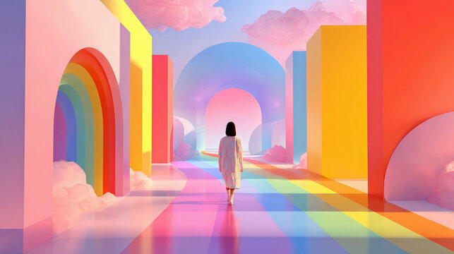 person walking through colorful abstract arches with vibrant reflections in fantasy world illustration