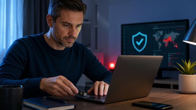 Man establishing a secure connection for remote work using a hardware security key. Professional working from home with VPN protection