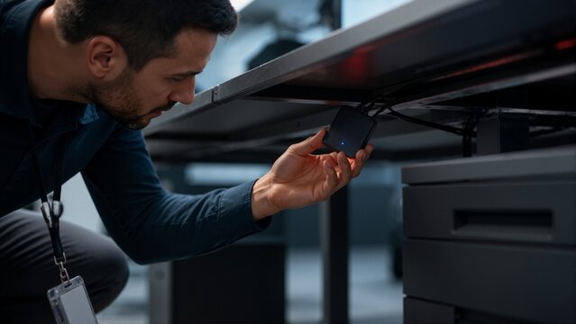 IT security professional discovering a hidden rogue access point under an office desk. Man investigating a physical network vulnerability