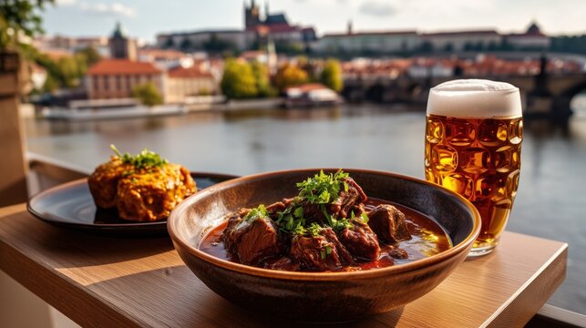Czech beef goulash , tender slow-cooked beef, golden Czech lager on wooden table on a panoramic riverside terrace, breathtaking view across the Vltava River toward Prague
