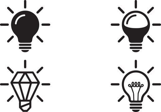 Set of four minimalist light bulb icons featuring a flat design silhouette for creative innovation and problem solving concepts