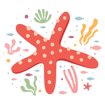 Colorful red starfish with pale spots surrounded by small fish, seaweed, coral and bubbles, isolated on a white background in playful flat illustration style.