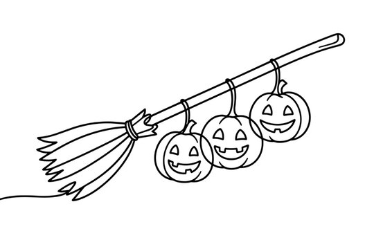 Witch broomstick with hanging jack-o-lantern pumpkins continuous line art, flying broom with carved Halloween gourds vector icon, spooky garland banner and party decor print