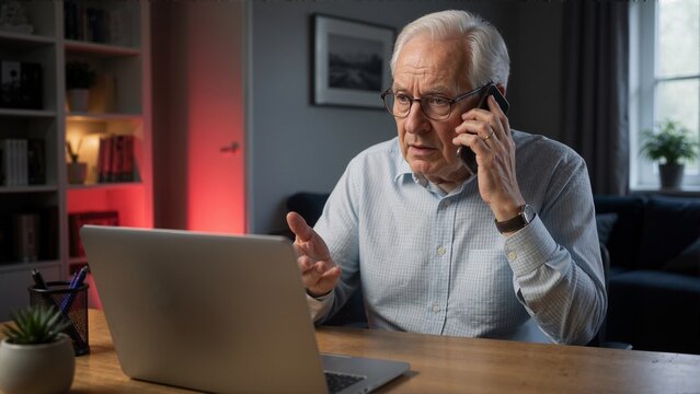 Concerned senior man on phone call looking at laptop screen. Elderly victim recognizing online scam or phishing attempt at home