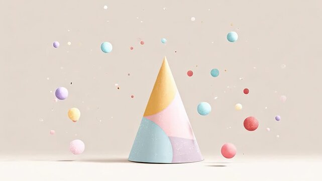 Vibrant geometric cone with floating colorful spheres in minimalist design