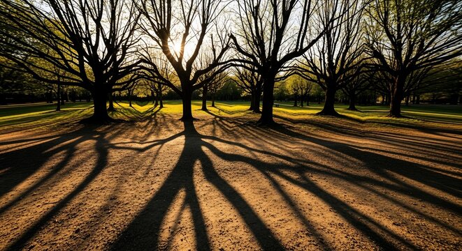 Trees casting long shadows sunlight