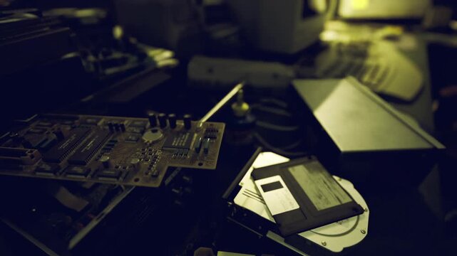 Dusty motherboard with floppy disk foreground, repair technician diagnosing vintage components, dim yellow lighting, solder points, cables, closeup texture,