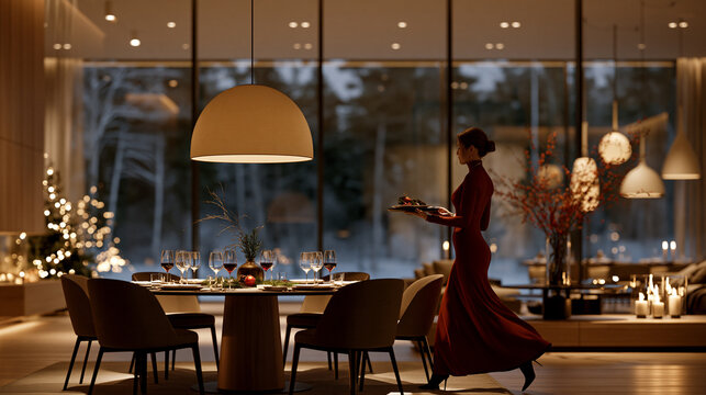 Elegant hostess in red dress serving festive dinner in luxury restaurant