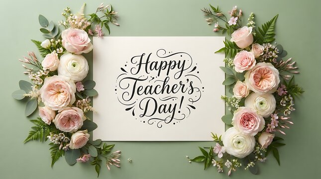 Happy teachers day greeting card with beautiful pink and peach flower border
