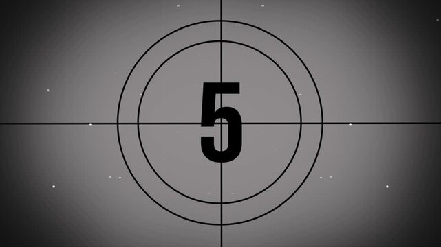 Countdown Timer Film Leader, Old Movie Countdown Animation, Retro Cinema Number Countdown, Vintage TV Intro Screen, Classic Circle Countdown Effect, Grunge Film Countdown Sequence