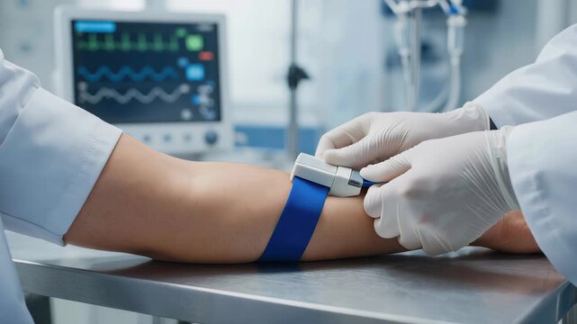 Doctor applying tourniquet on patient arm in hospital, medical procedure and blood test