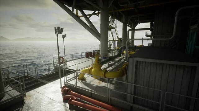 Oil rig platform deck set for maintenance, staged piping and equipment with clear pathways, focus on procedural readiness and safety protocol for offshore