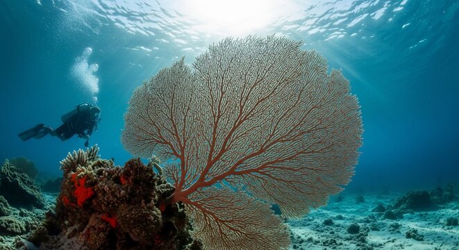 Underwater fan coral and diver