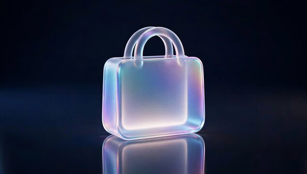 Transparent shopping bag icon on dark background, symbolizing ecommerce software solution, online retail, digital checkout and secure virtual commerce.