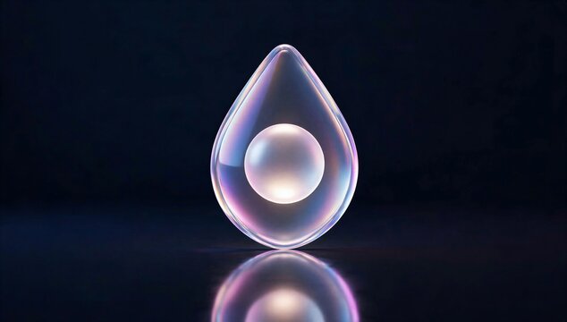 Glowing glass droplet on dark background with reflection, symbolizing field service software v3, digital flow, cloud service, and modern automation.