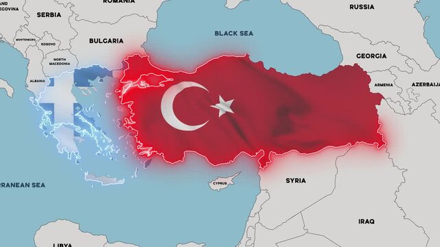 4K animation of a map illustrating tensions between Turkey and Greece, with both countries highlighted in the colors of their national flags.
