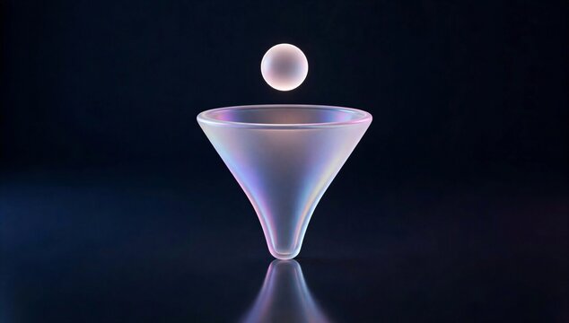 Glowing funnel icon with sphere on dark background, symbolizing marketing automation software v3, lead capture, conversion flow, and customer journey optimization.