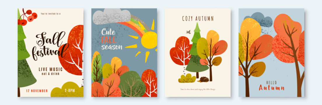 Autumn poster templates set with colorful fall trees, sun, rainbow. Cute seasonal vector backgrounds featuring textured forest landscape, idea for cozy fall festival flyers and cards