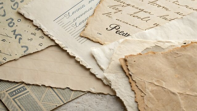 Stack of old vintage paper sheets with handwritten calligraphy and antique textures