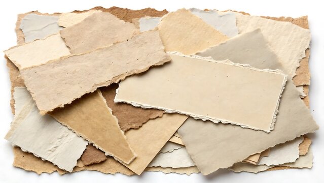 A flat lay collection of various torn pieces of vintage craft paper in neutral earth tones